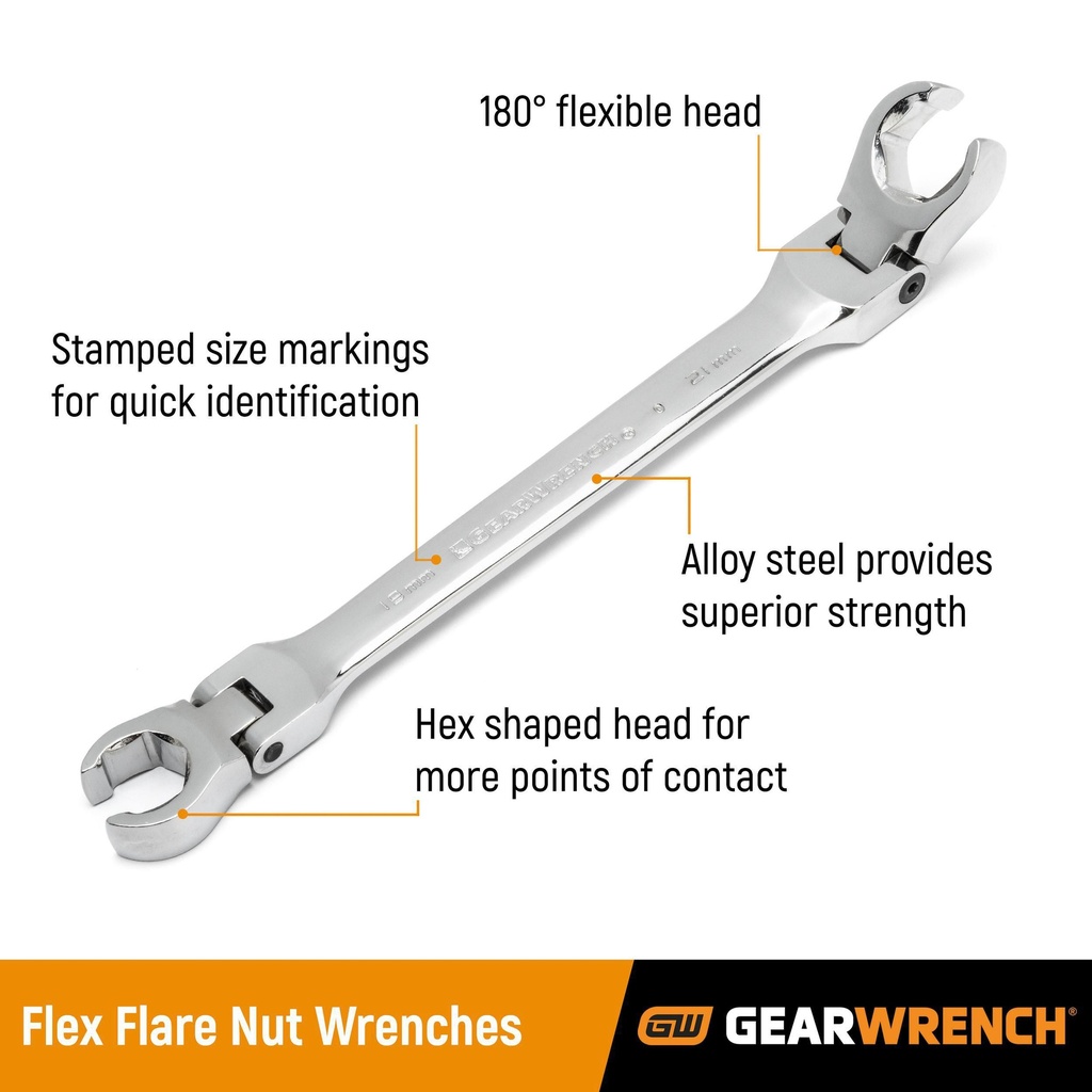 Spanner Set Flare Nut Flex Head 9-21mm 6pc