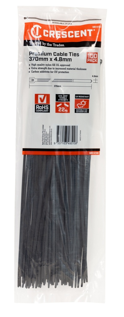 Cable Tie 370x4.8mm Black Nylon 100pk Crescent