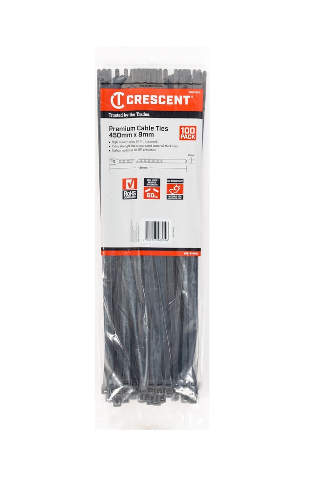 Cable Tie 450x8.0mm Black Nylon 100pk Crescent