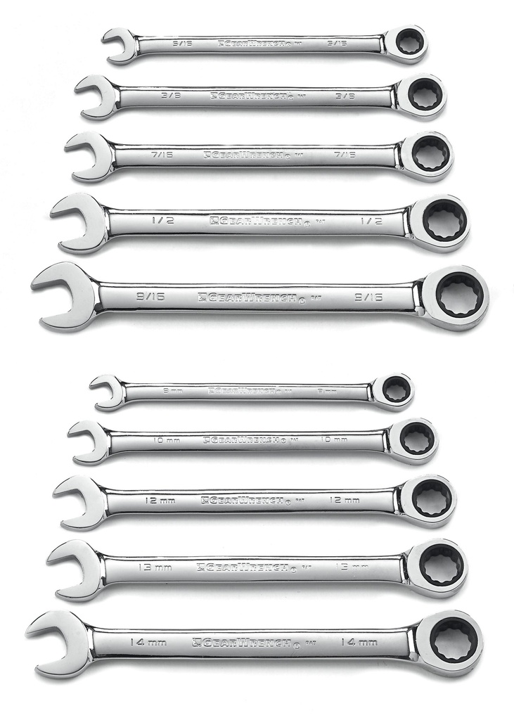 Gear Ratchet Spanner Set One Way AF/Met 10pc