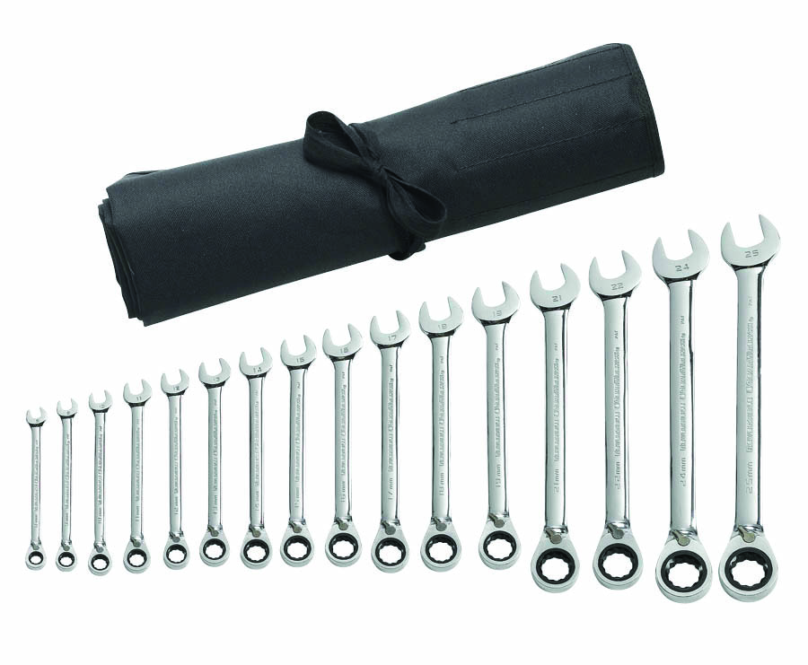 Gear Ratchet Spanner Set Reverse Metric 16pc
