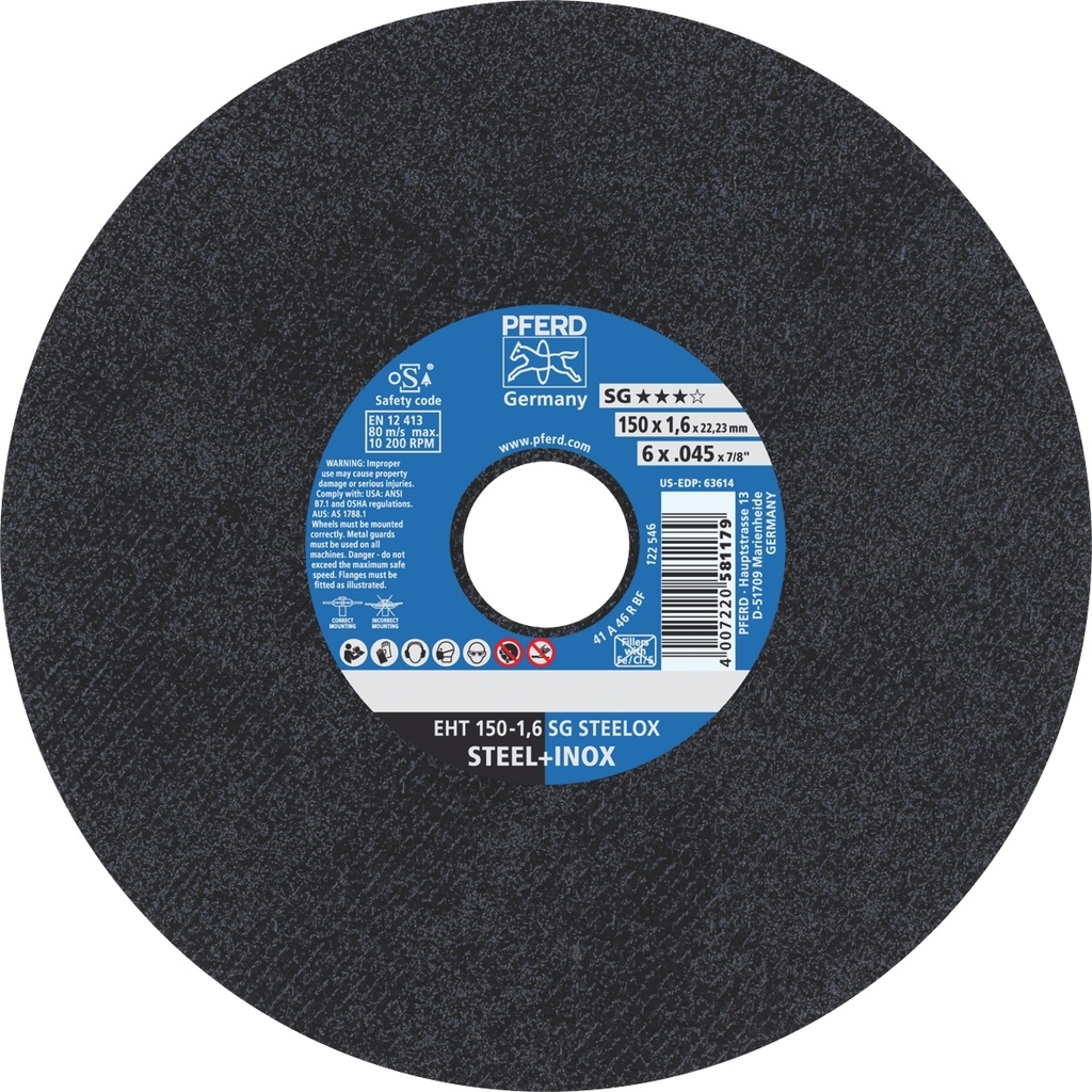 Cut Off Disc 150x1.6x22 SG Steel/Inox Pferd