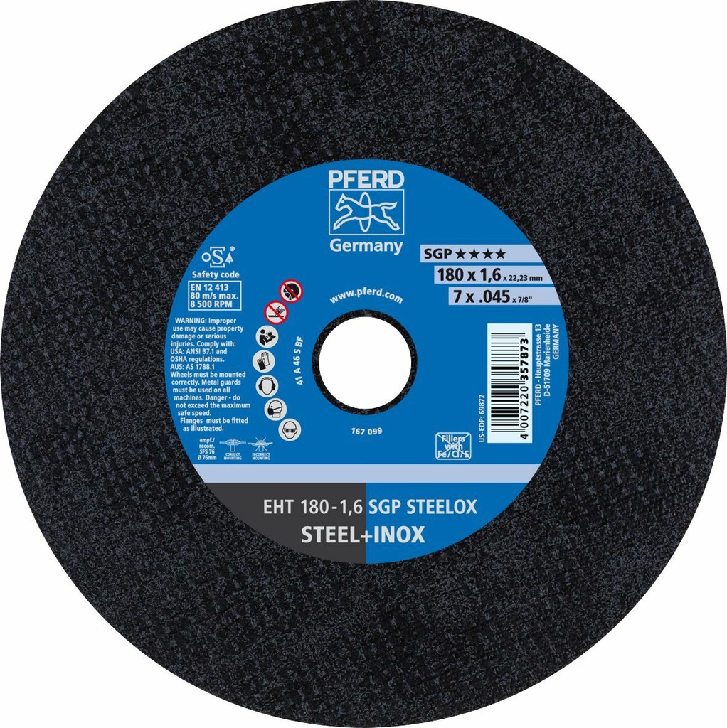 Cut Off Disc 178x1.6x22 SGP Steel/Inox Pferd
