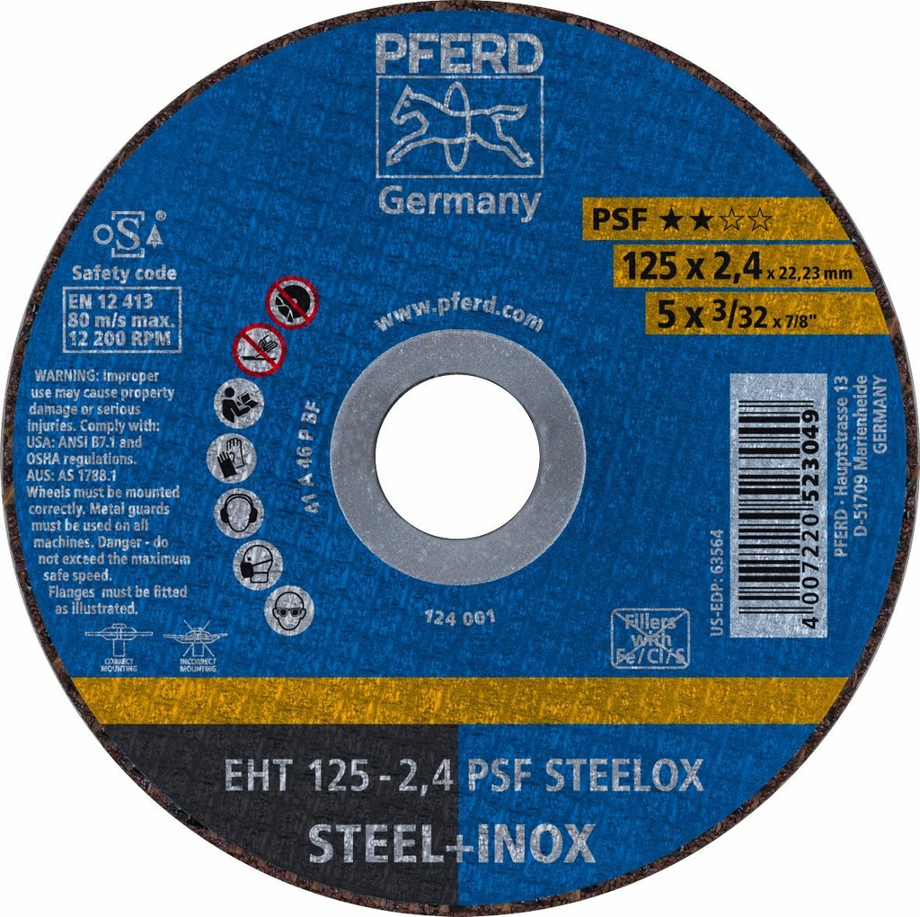 Cut Off Disc 125x2.4x22 PSF Steel/Inox Pferd