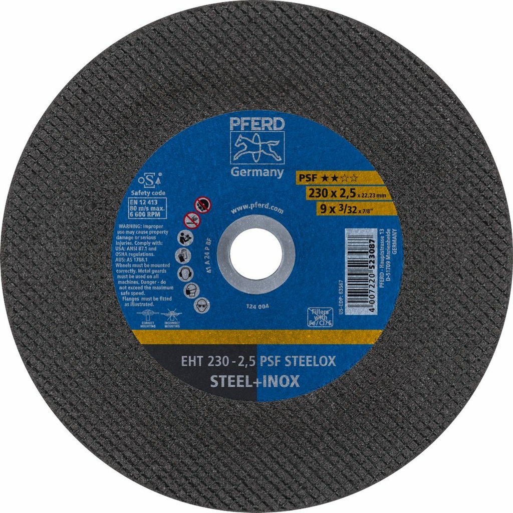Cut Off Disc 230x2.5x22 PSF Steel/Inox Pferd