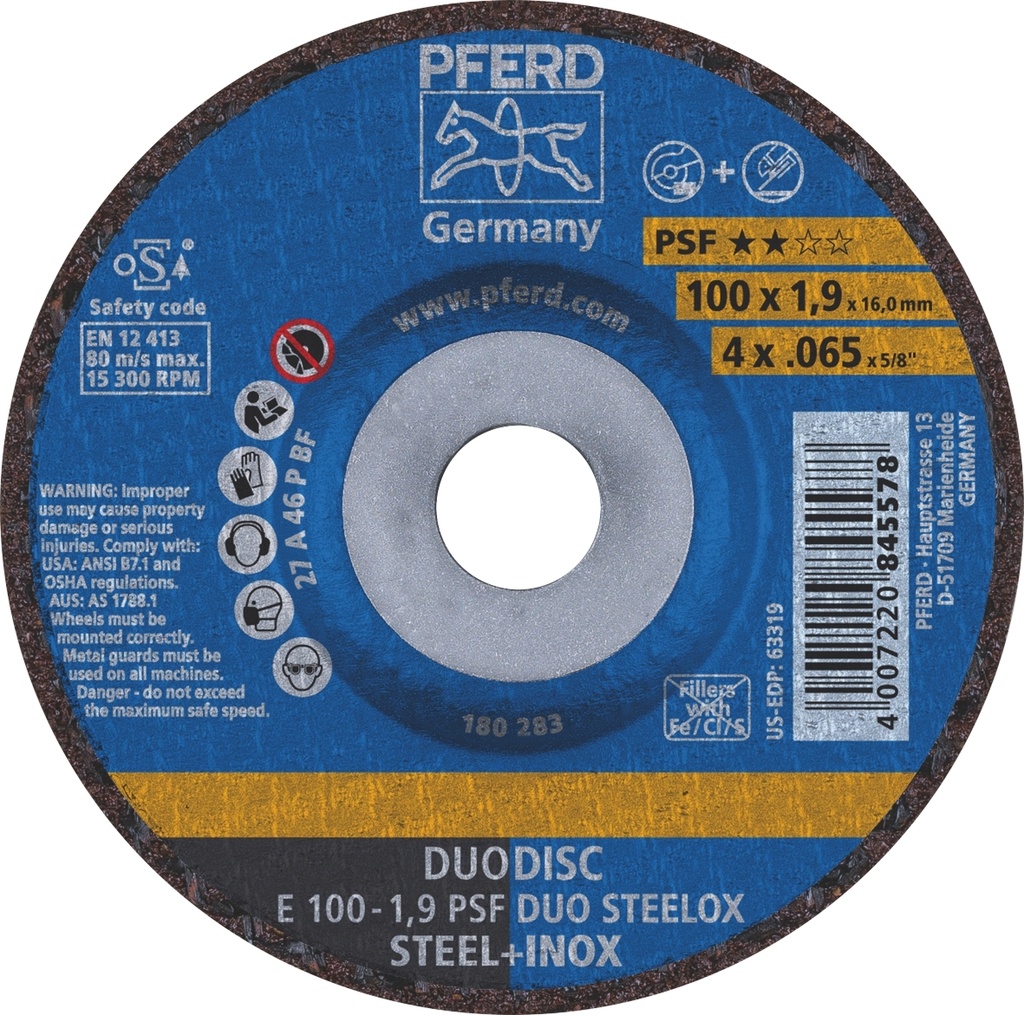 Cutting & Grinding Disc 100x1.9x16 PSF DUO Steelox Pferd