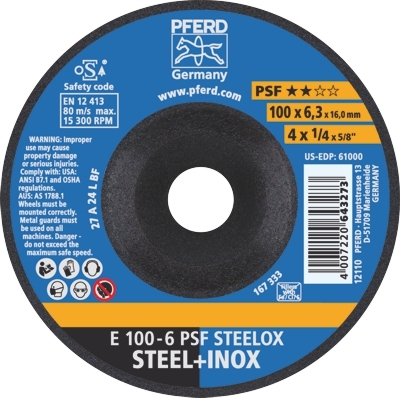 Grinding Disc 100x6.0x16 PSF Steel/Inox Pferd