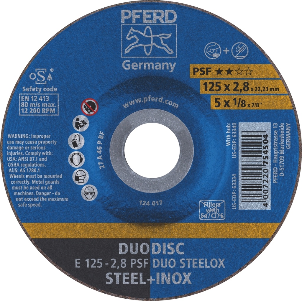 Cutting & Grinding Disc 125x2.8x22 PSF DUO Steelox Pferd