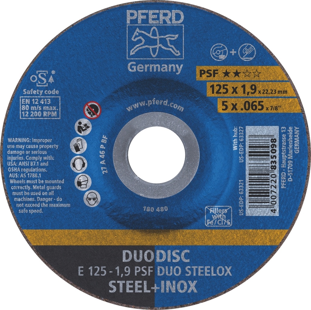 Cutting & Grinding Disc 125x1.9x22 PSF DUO Steelox Pferd