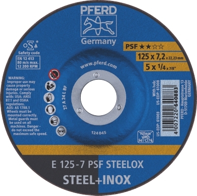 Grinding Disc 125x7.0x22 PSF Steel/Inox Pferd