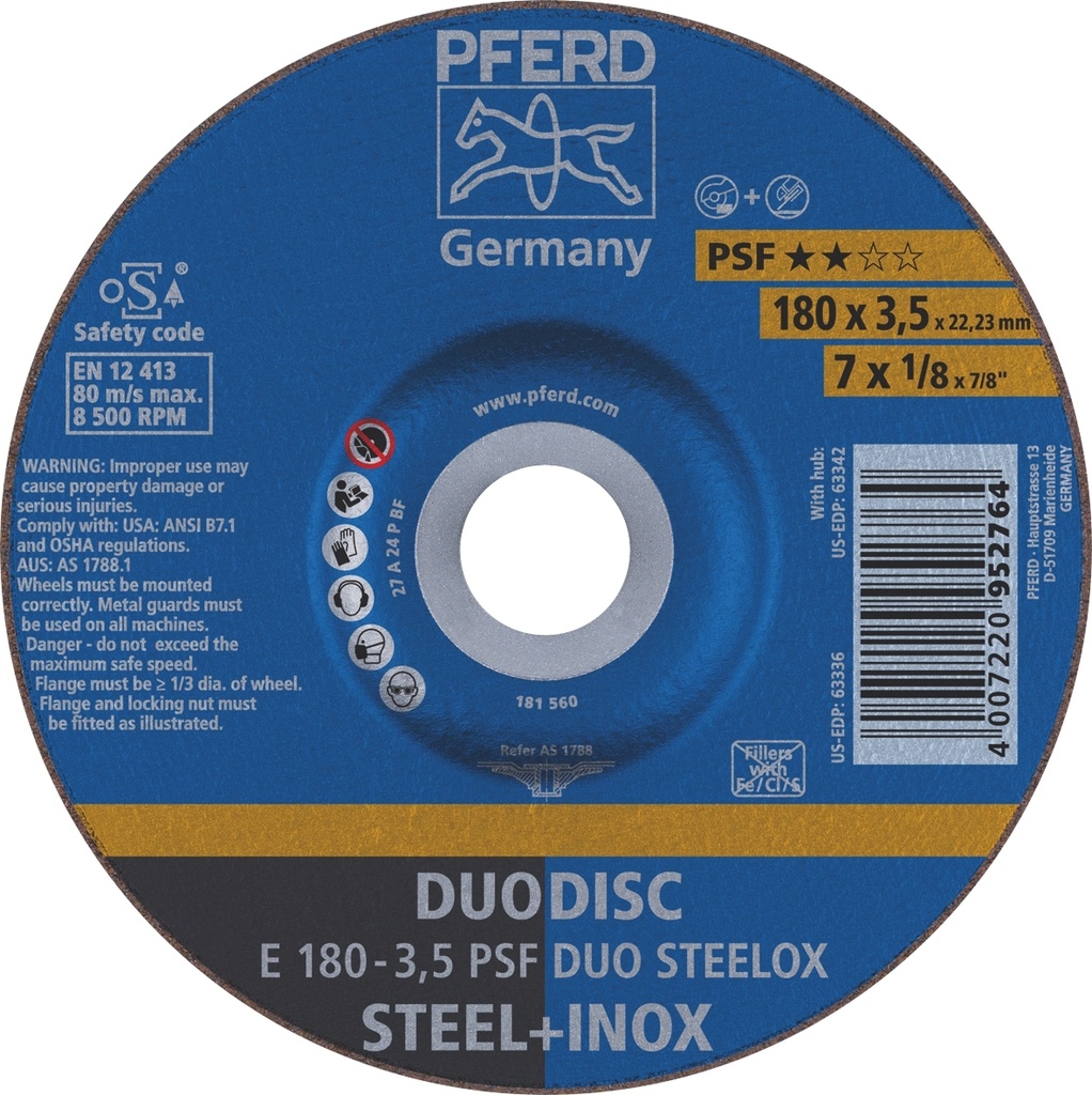 Cutting & Grinding Disc 180x3.5x22 PSF DUO Steelox Pferd