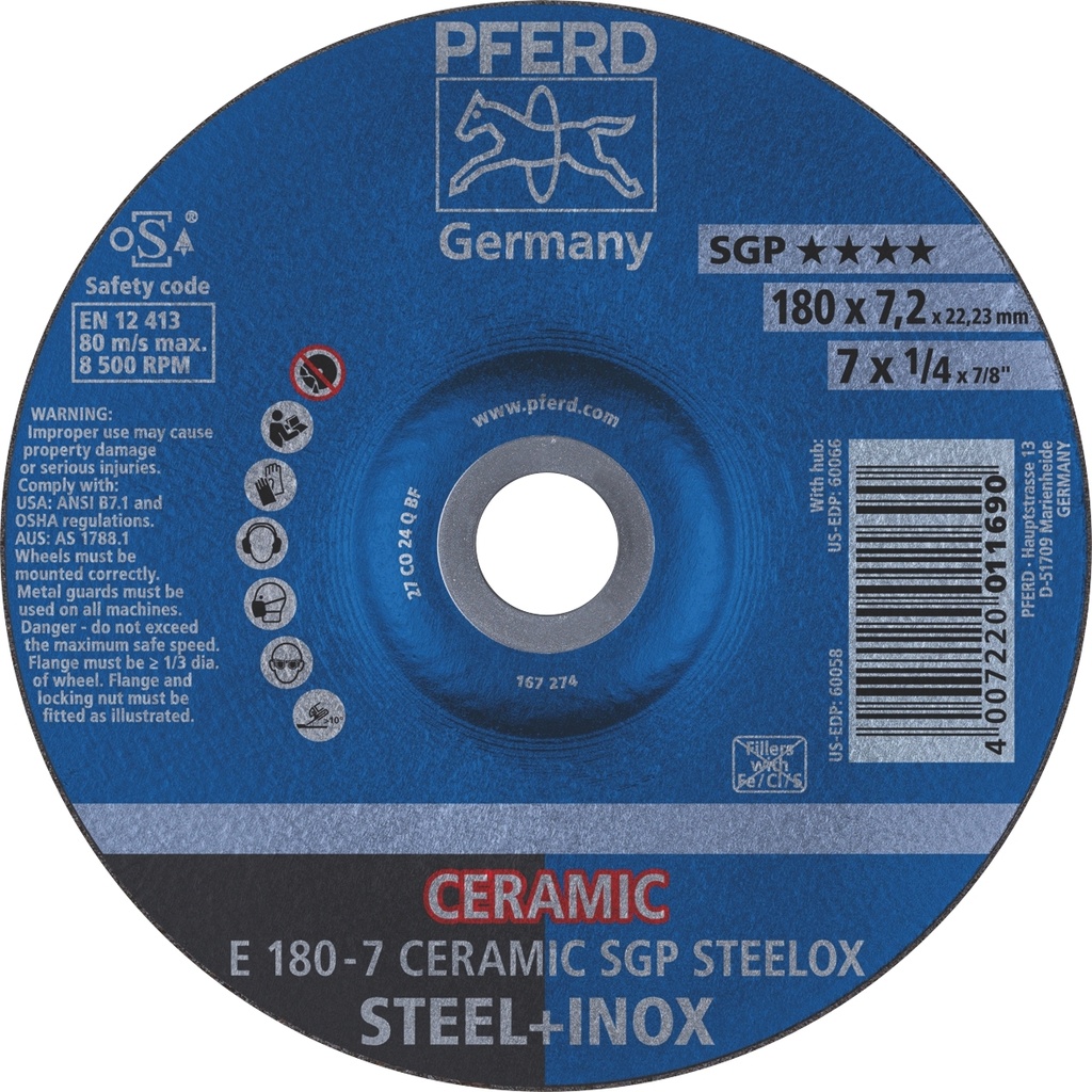 Grinding Disc 180x7.0x22 SGP Ceramic Steel Pferd