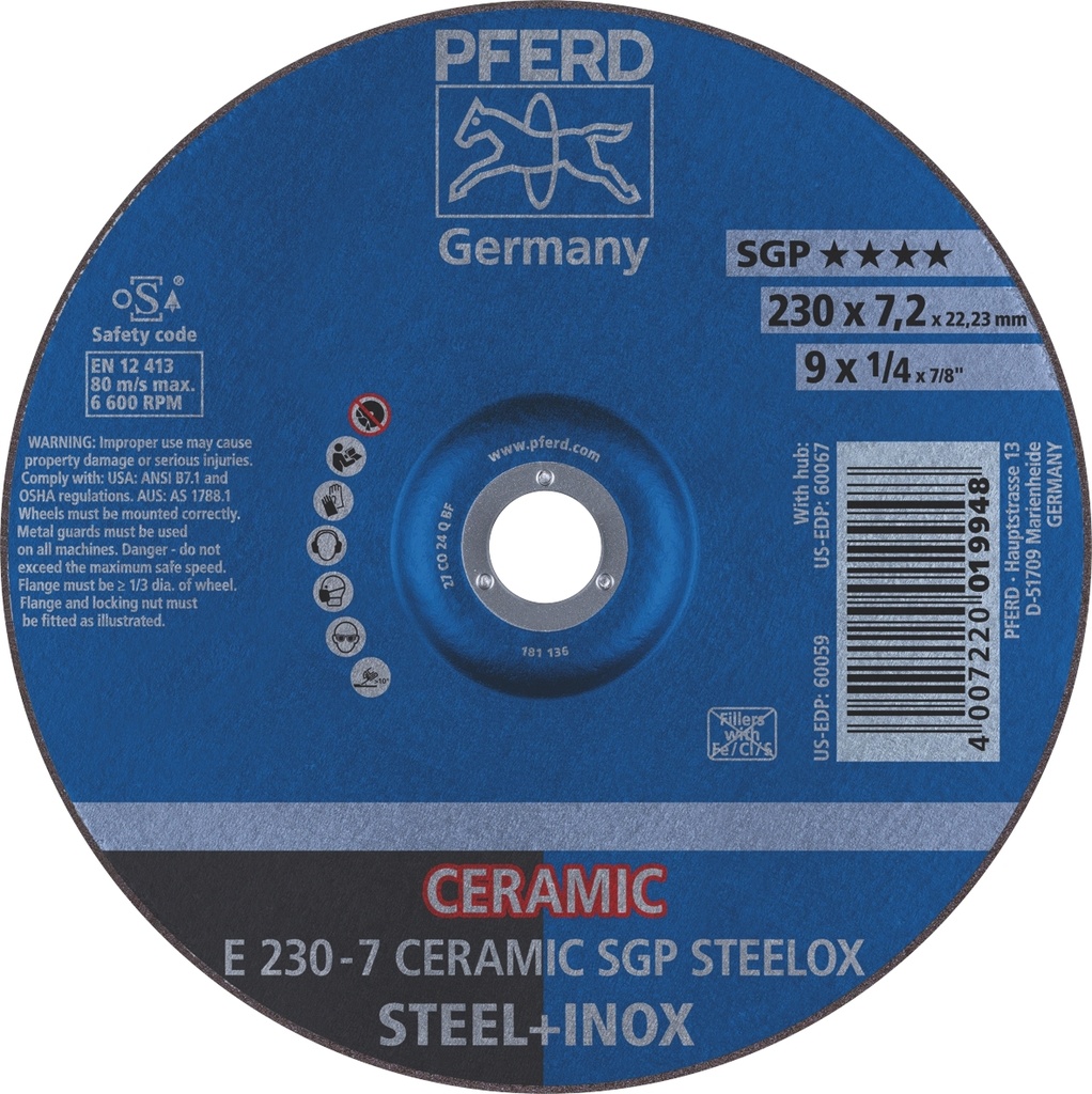 Grinding Disc 230x7.0x22 SGP Ceramic Steel Pferd