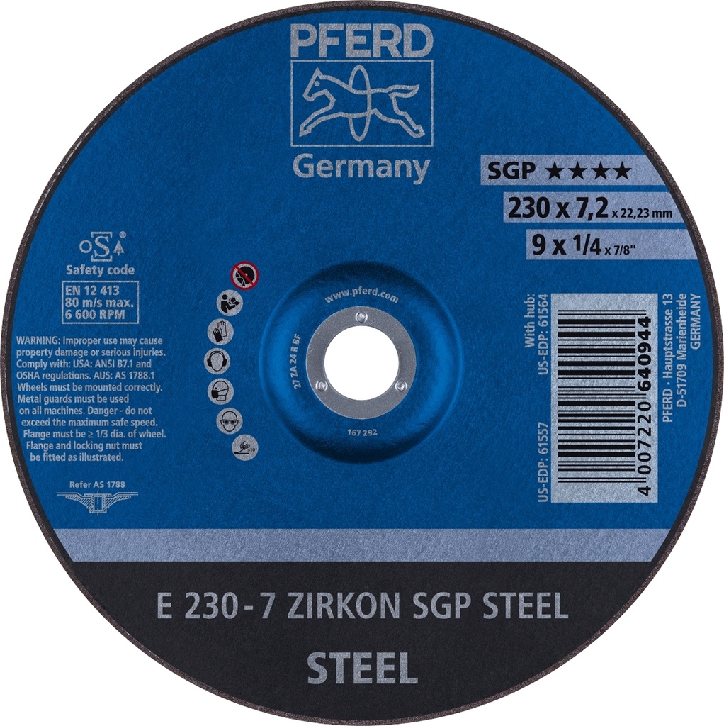 Grinding Disc 230x7.0x22 SGP Zirkon Steel Pferd