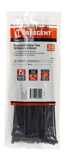 [CRES.WB12100] Cable Tie 300x4.8mm Black Nylon 100pk Crescent