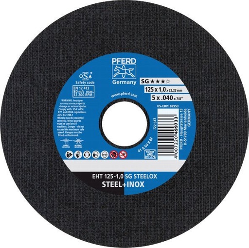 [PFERD.61341112] Cut Off Disc 125x1.0x22 SG Steel/Inox Pferd