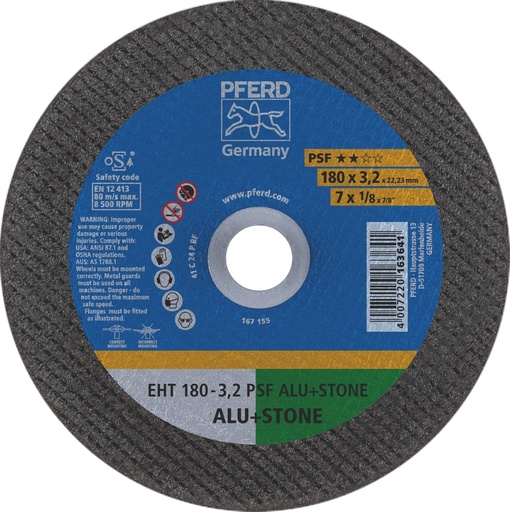 [PFERD.61826222] Cut Off Disc 178x3.0x22 PSF Alum & Stone Pferd