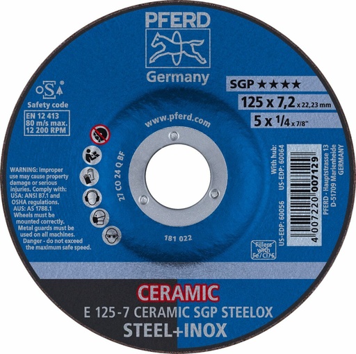 [PFERD.62212300] Grinding Disc 125x7.0x22 SGP Ceramic Steel Pferd