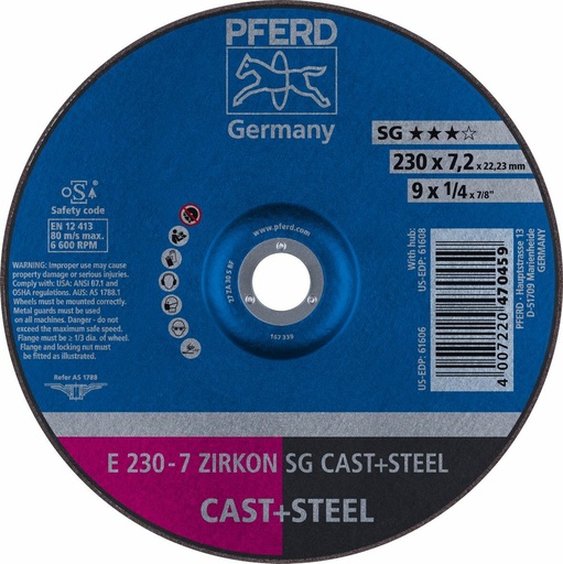 [PFERD.62223628] Grinding Disc 230x7.0x22 SGP Zirkon Cast & Steel